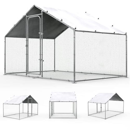ORANLAND Large Metal Chicken Coop, 5.0x9.9x6.6ft Walk-in Chicken Runs with Cover, Spire Roof Chicken Pen with Security Lock, Outdoor Duck Rabbit Cage Poultry Pen for Backyard, Farm, Yard - size: 59.1"L x 119.0"W x 77.0"H