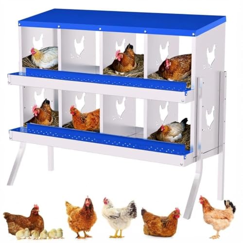 Chicken Nesting Box,8 Holes Galvanized Steel Metal Chicken Laying Box with Automatic Roll-Away Egg Collection System & Removable Tray,Wall Mount Nesting Boxes - color: Blue, size: 8 Holes with Legs