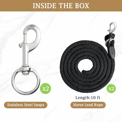 Premium Horse Lead Rope (2 Pack) – 10 ft Soft Braided Lead Rope for Horses with Snap Halter Attachment, Replaceable Snap, Soft & Secure Grip, Daily Horse Tack & Supplies