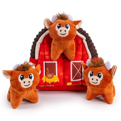 Outward Hound Hide-A-Cow Dog Toy, 2-in-1 Interactive Hide & Seek Plush Puzzle with Barn & 3 Squeaky Highland Cows - color: Cow