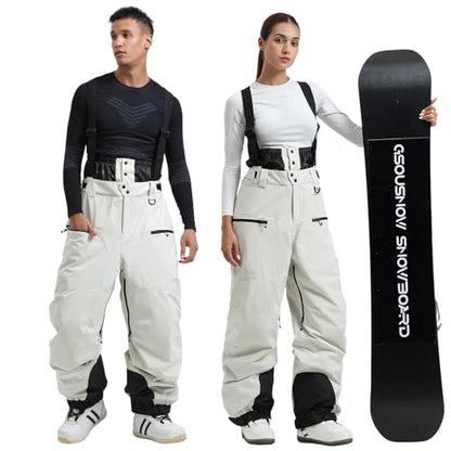 GSOU SNOW Men Women Snowboard Pants-Baggy Ski Snow Bibs | 15K Waterproof Overalls,Insulated Windproof Breathable,Detachable Shoulder Straps - color: Beige, size: X-Large