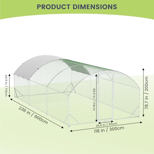 IDEALHOUSE Walk-in Chicken Run with Cover, Metal Outdoor Poultry Enclosure, 20 ft L x 10 ft W x 6.6 ft H, Waterproof and UV Cover, Spire Roof Design, for Yard and Farm Chickens Ducks - size: 19.7 ft L x 9.8 ft W x 6.6 ft H