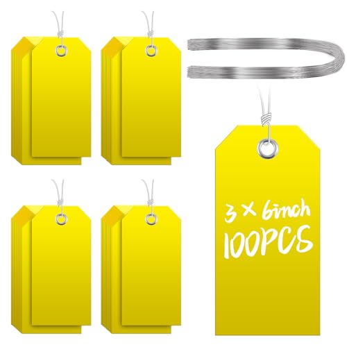 100 Pcs Large Plastic Shipping Tags with Wire Attached Heavy Duty Blank Waterproof Tags with String for Inventory Outdoor Labeling Equipment 6 1/4" x 3 1/8" (Yellow) - color: Yellow, size: 6 1/4" x 3 1/8"