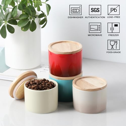 Sweejar Kitchen Canisters Ceramic Food Storage Jar, Stackable Containers with Airtight Seal Wooden Lid for Serving Ground Coffee, Tea, Sugar, Spice and More - 5 Fl Oz(Beige) - color: Beige, style: 5 Fl Oz (3.3"x2.6")