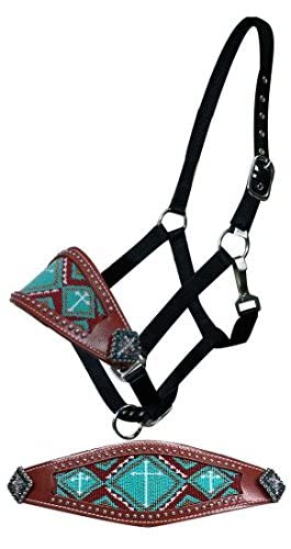 Showman Leather Bronc Halter w/Beaded Cross Design - color: Teal