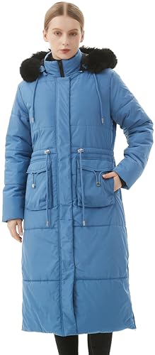MOERDENG Women's Long Winter Puffer Coat Waterproof Warm Maxi Down Jacket Faux Fur Removable Hood Parka - color: Denim Blue, size: Medium