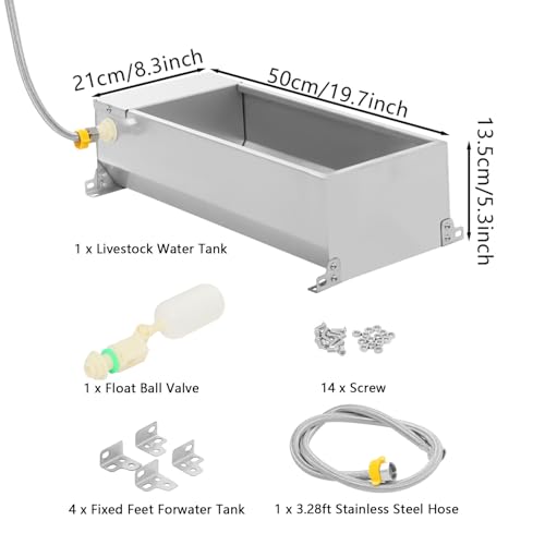 7.5L Water Trough for Livestock Self Filling Drinking Bowl with Float Valve & 3.28ft Hose 304 Stainless Steel Water Tank for Horse Goat Pig Cow Deer, Silver, Easy to Clean
