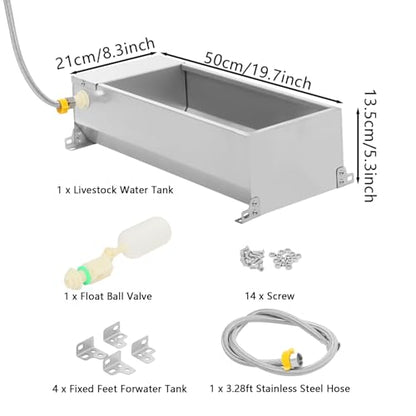 7.5L Water Trough for Livestock Self Filling Drinking Bowl with Float Valve & 3.28ft Hose 304 Stainless Steel Water Tank for Horse Goat Pig Cow Deer, Silver, Easy to Clean