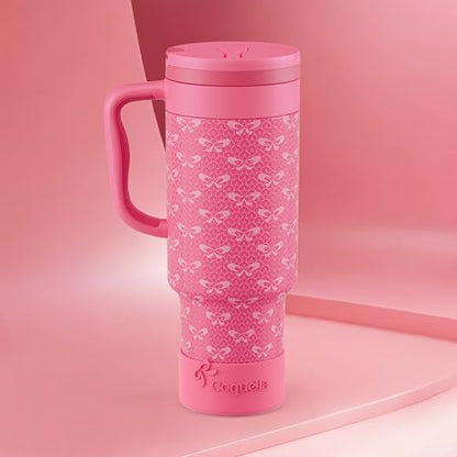 40 oz Insulated Tumbler with Handle and Push-Button Straw Lid, Stainless Steel Travel Cup for Gym Office, Leakproof, BPA-Free, Cup Holder Friendly, Bow Silicone Boot, Pink (Coquette Fuchsia) - color: Coquette Fuchsia