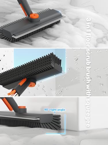 Floor Scrub Brush with Long Handle, 3 in 1 Multi-angle Swivel Right Angled Bristle Floor Scrubber Brush with Squeegee and Tweezer for Cleaning Tile Wall Deck Bathroom Patio Garage Kitchen (Grey) - color: Gray