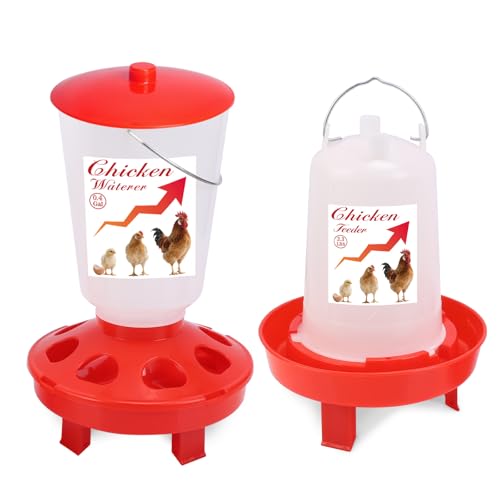 Chick Feeder and Waterer Set Top Fill 3.3LB Feeder and 0.4Gal Waterer with 3 Adjustable Heights Legs for Chicks