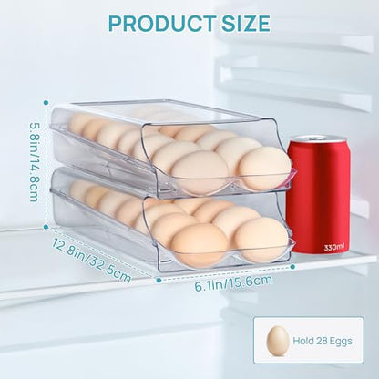 Vtopmart Clear Plastic Egg Holder for Fridge, Automatic Rolling Egg Container for Refrigerator, Stackable 14-Count Eggs Organizer with Removable Inner Tray, Fridge Organizers and Storage, 2Pack