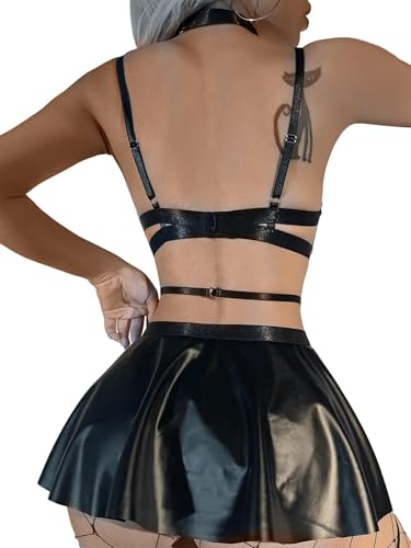 Lilosy Sexy Stocking Chocker Strappy Underwire O Ring Push Up Garter Belt Women Skirt 5 Piece - color: Leather Black, size: Medium