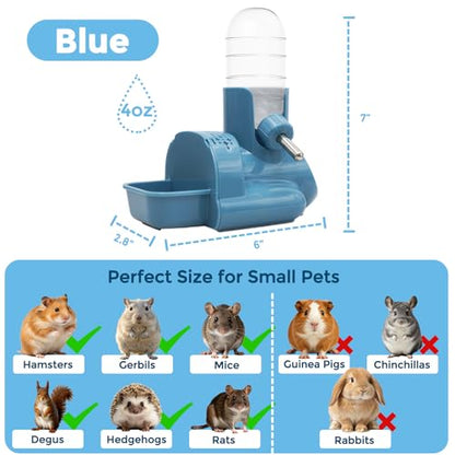 VANNON 3 in 1 Hamster Water Bottle No Drip Small Animal Water Bottle Automatic Bottle Dispenser with Food Container Base Hut and Hideout Base 4oz/120ml,Leekproof, BPA Free - color: Blue