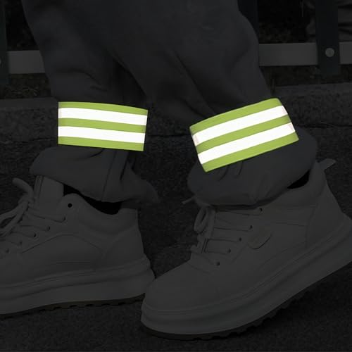 Reflective Safety Bands Adjustable Reflector Straps for Wrist Arm Ankle and Leg High Visibility for Night Cycling and Running - color: green