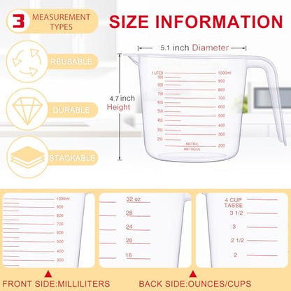 Fabbay 24 Pcs 4 Cup Capacity Plastic Measuring Cup 1000 ml Clear Graduated Measuring Cups Plastic Mug with Spout and Handles Ounce and Ml Marking for Recipe Ingredient Flour Water Liquid(Red,32 oz) - color: Red, size: 32 oz