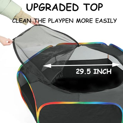Small Animal Playpen, Chick Brooder Box, Guinea Pig Hamster Indoor Playpens & Outdoor Pet Cage Tent with Cover Top, for Kitten/Ferret/Hedgehog/Rabbit/Duckling, Black & Rainbow