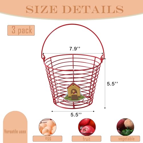 3 Pack 8 Inches Metal Mesh Wire Egg Collecting Basket with Handle Portable Garden Vegetable Fruit Storage Lightweight Hanging for Kitchen Farmhouse Gathering Picnic (Red-Thickened Version) - color: Red-Thickened Version
