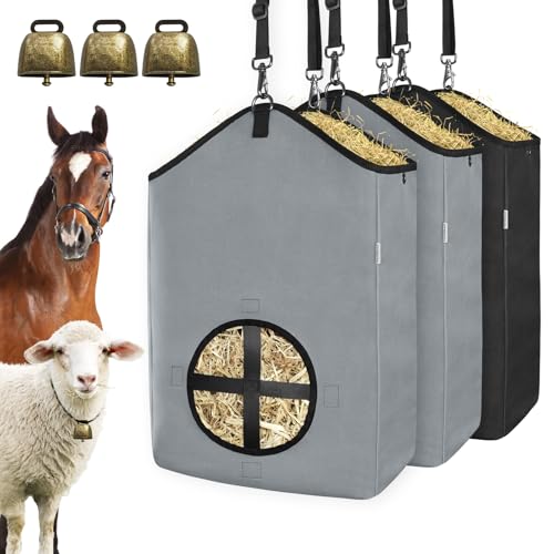 3 PCS Goat Hay Feeder,Hay Bags for Horses,Goats,Donkeys with Reinforced Oxford Fabric and High Strength Metal Clasp,Horse Feeding Supplies with Adjustable Strap for Easy Hanging (2Grey+1Black) - color: 2Grey+1Black