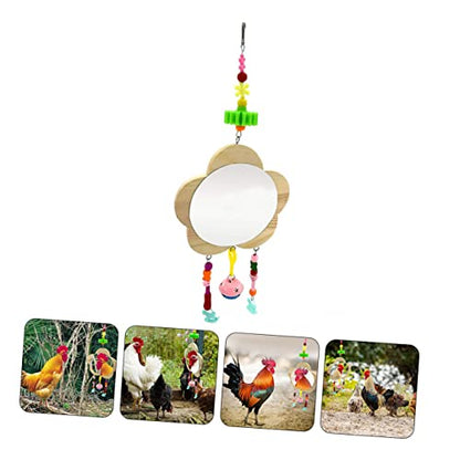 Wooden Chicken Toy Mirror and Bell Pendant Hanging Pet Hen Mirror for Cage Enrichment Interactive Fun for Chickens and Accessories