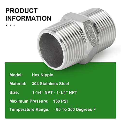 TAISHER 2PCS Cast 304 Stainless Steel Hex Nipple, Pipe Fitting 1-1/4 Inch Male Pipe x 1-1/4 Inch Male Pipe - size: 1-1/4" NPT