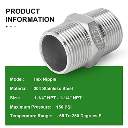 TAISHER 2PCS Cast 304 Stainless Steel Hex Nipple, Pipe Fitting 1-1/4 Inch Male Pipe x 1-1/4 Inch Male Pipe - size: 1-1/4" NPT