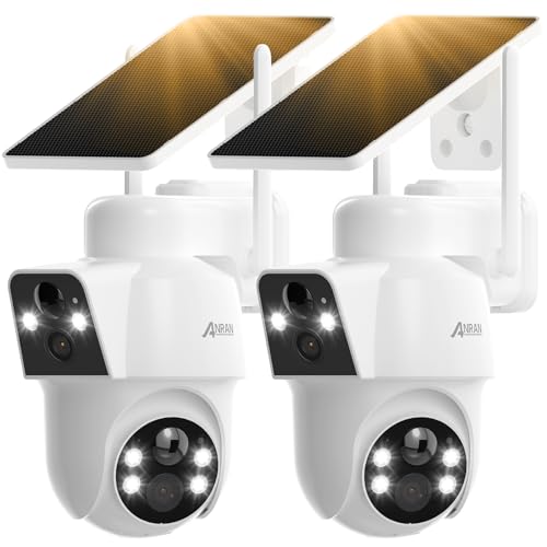 ANRAN 2 Pack Dual-Lens Solar Security Camera Wireless Outdoor - 3MP Fixed Wide-Angle + PTZ 360° View, Home Security Camera with Color Night Vision, 2-Way Talk, PIR Motion Detection, 100% Wire-Free - color: Dual Lens-2 Pack-White