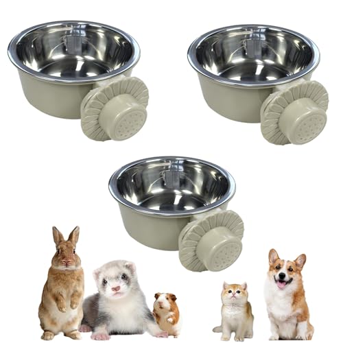 kathson Lightweight Stainless Steel Pet Bowls, Removable Crate Dog Bowl Hanging Pet Food Water Feeder Bowl, Cage Coop Cup for Puppy Cat Rabbit Ferret Birds Guinea Pigs (3pcs) - size: 3pcs