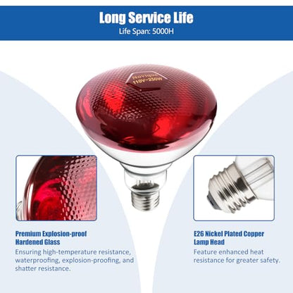 250W Heat Lamp Bulbs 1 Pack Infrared Heat Lamp for Chickens with E26 Socket and 5000 Hours Lifespan Heat Light Bulb for Pets Chicks Reptile Food Service Brooder Coop(2 Pack) - size: 2 Pack