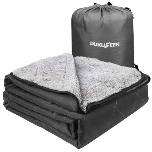 DUKUSEEK Sherpa Waterproof Camping Blanket with Hood - Warm Large Fleece Outdoor Stadium Blanket for Car, Boat, Picnic, Outdoor Sporting Events, Windproof Sports Blankets for Cold Weather - color: Black