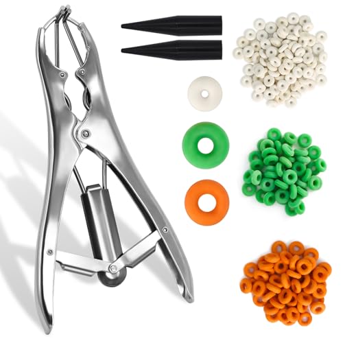 Goat Banding Kit, Stainless Steel Expander Tool with 200pcs 3-Size Rubber Bands & Expander Plier and Bands Kit for Humane Livestock Handling (Goats/Sheep/Calves/hog) - color: silver, size: Small