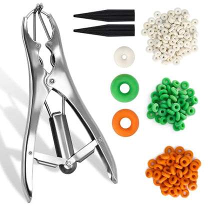Goat Banding Kit, Stainless Steel Expander Tool with 200pcs 3-Size Rubber Bands & Expander Plier and Bands Kit for Humane Livestock Handling (Goats/Sheep/Calves/hog) - color: silver, size: Small