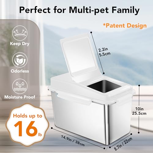 Newget Dog Food Storage Container Stainless Steel with Scoop, 16-lb/11-lb Airtight Metal Pet Food Storage Bin, Cat Food Container for Dry Dog, Cat Food, Bird Seed, Keep Food Fresh, White - color: B-White