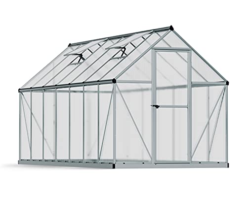 Palram - Canopia 6x14 Greenhouse Kit, Hobby Walk-In Twin-Wall UV Polycarbonate Heavy Duty Aluminum Frame, Lockable Door, Adjustable Roof Vent, Rain Gutters, Galvanized Steel Base, Mythos (Gray) - color: Silver, size: 6 Ft. x 14 Ft.