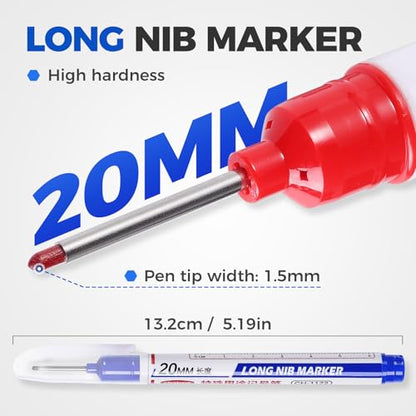 10 PCS Long Head Deep Hole Marker Pens, 20 MM Long Nib Marker for Metal, Multi-purpose Deep Reach Markers Quick Dry Waterproof Marking Pens Construction Markers with Long Nose
