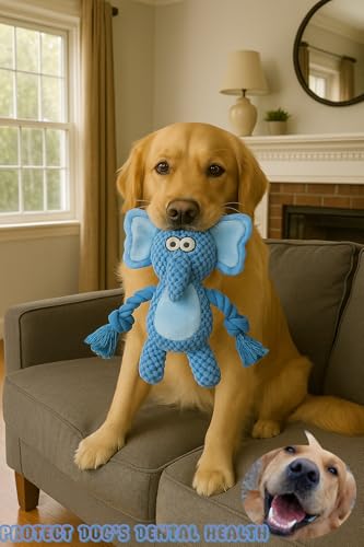 Cotton Rope Squeaky Dog Toy with Crinkle Paper – Interactive Plush Chew Toy for Small & Medium Puppies, Elephant Design - color: Blue