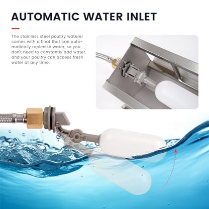 Automatic Chicken Waterer Stainless Steel Chicken Water Feeder Pigeon Water Dispenser with Float Valve Automatic Filling Water Poultry Waterer Fountain for Duck Goose Pigeon Quail