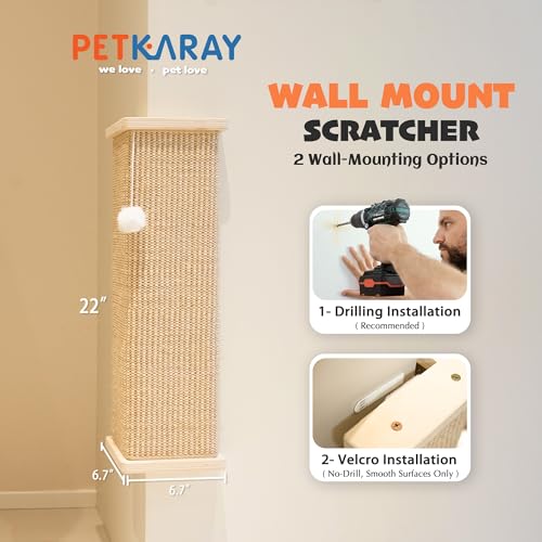 PETKARAY Sisal Corner Cat Scratcher, 22" Large Cat Wall Scratcher, Scratching Post for Indoor Cats, Wall Mounted Sisal Scratch Pad with Toy Ball - size: Wall Corner