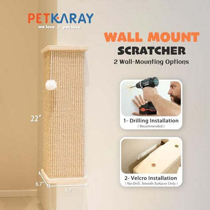 PETKARAY Sisal Corner Cat Scratcher, 22" Large Cat Wall Scratcher, Scratching Post for Indoor Cats, Wall Mounted Sisal Scratch Pad with Toy Ball - size: Wall Corner