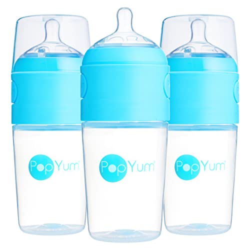 PopYum 9 oz Blue Anti-Colic Formula Making Baby Bottles, 3-Pack | #2 Medium Flow Nipples, 260 ml, BPA-Free, Natural Latch, Mixing Dispenser - color: Blue, size: 9 Ounce (Pack of 3)
