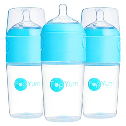 PopYum 9 oz Blue Anti-Colic Formula Making Baby Bottles, 3-Pack | #2 Medium Flow Nipples, 260 ml, BPA-Free, Natural Latch, Mixing Dispenser - color: Blue, size: 9 Ounce (Pack of 3)