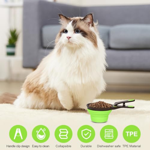 Collapsible Silicone Dog Food Scoop Foldable Pet Food Measuring Cup with Bag Clip 3 in 1 Multi-Function Silicone Dog Food Scooper (Green, Large) - color: Green, size: Large