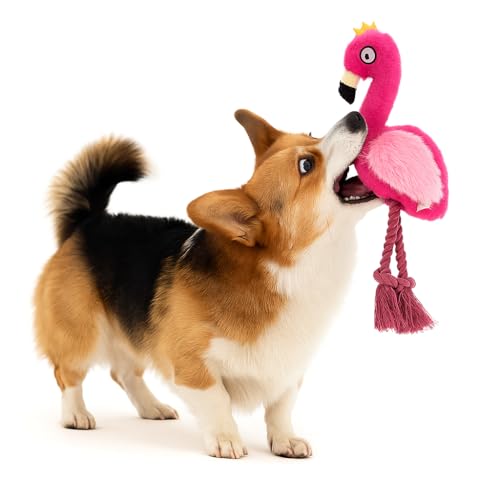 Plush Flamingo Dog Toy with Rope Legs, Pink, Interactive Squeaky Chew Toy for Small, Medium Dogs, Tug-of-War Play - color: Pink Flamingo