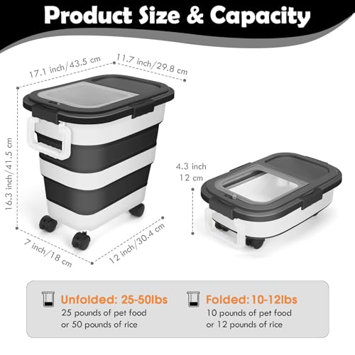 Dog Food Storage Container, 25Lbs Large Collapsible Pet Cat Food Container with Airtight Lids Wheels Handle Scoop Measuring Cup Small Container, Rice Kitchen Dry Food Storage Dispenser Bin (Black)