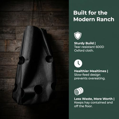 Horse Feed Bag - Large Capacity 600D Tear Resistant Fabric with Hanging Rope and Reinforced Metal Connection - Slow Feeder for Horses Goats and Sheep Used in Stalls Barns or Trailers
