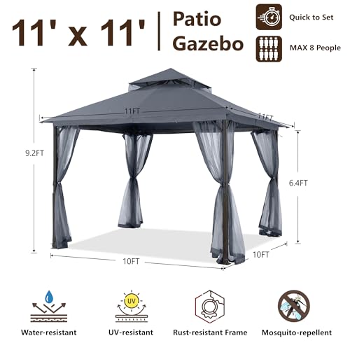 MASTERCANOPY Outdoor Patio Gazebo with Double Roofs, Stable Steel Frame and Mosquito Netting (11x11,Dark Gray) - color: Dark Gray, size: 11x11
