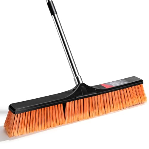 MASTERTOP 24" Heavy Duty Push Broom with Ultra-Sturdy Adjustable Handle, 6-Layer Stiff Bristles Garden Yard Broom, Outdoor Sweeping Brush for Garage, Patio, Driveway, Warehouse, Deck, Tile & Concrete - color: Push Broom Orange