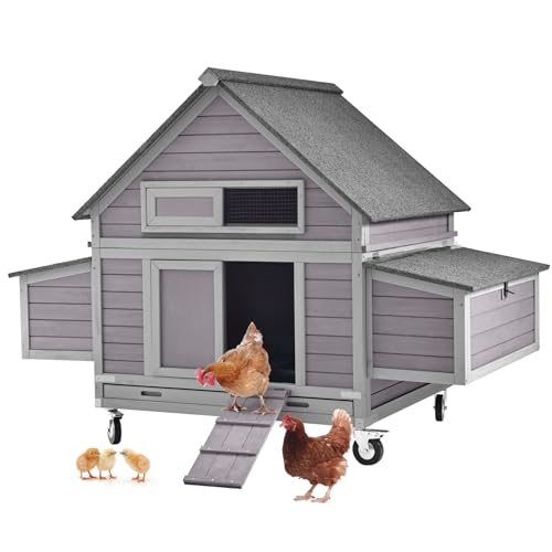 Aivituvin Chicken Coop with Wheels Large Poultry Cage with Two Nesting Boxes Outdoor 19ft² Wooden Hen House - size: 67"L x 39.8"W x 49.5"H