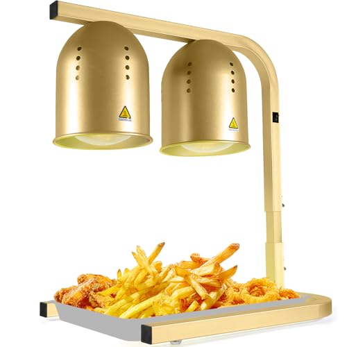 Heat Lamp for Food, with Two 250W Bulbs for Fast and Even Heating, Food Heat Lamp with Adjustable Height Stand, Commercial Food Warmer Lamp for Home, Fast Food Restaurant, Buffet, Bakery, Gold - color: Gold