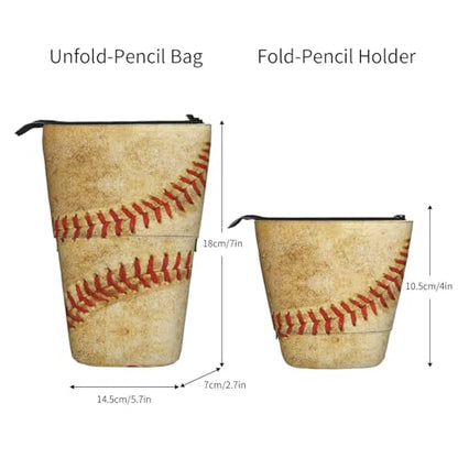 Retro Baseball Kids Standing Pencil Case Girls Boys Telescopic Stationary Pouch with Zipper Large Capacity Stand up Pen Bag Portable Makeup Holder for Children School Students Office Supplies - color: Baseball